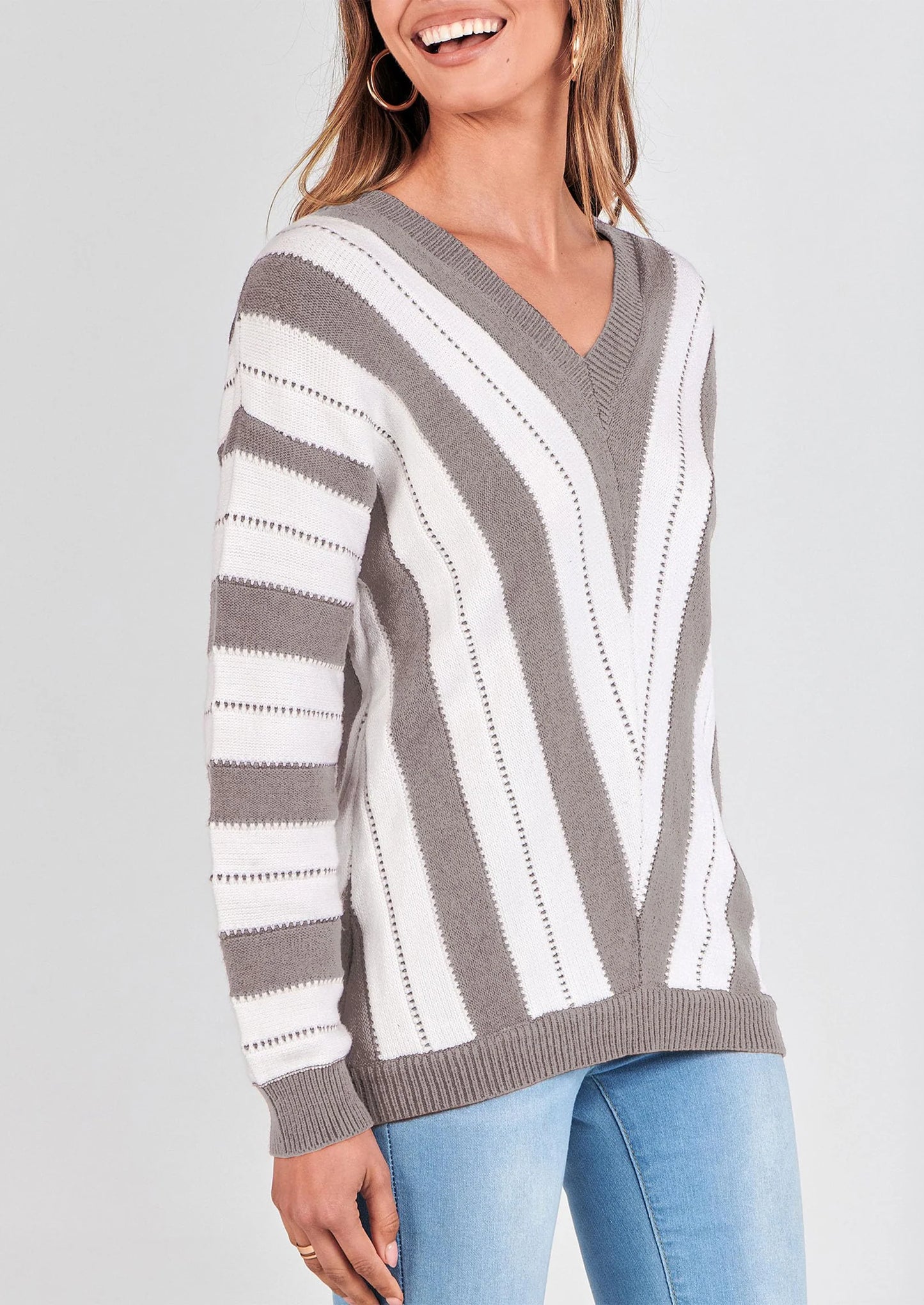 Women's Fashion Long Sleeve Striped Color Block Knitted Sweater Crew Neck Loose Pullover Jumper Tops