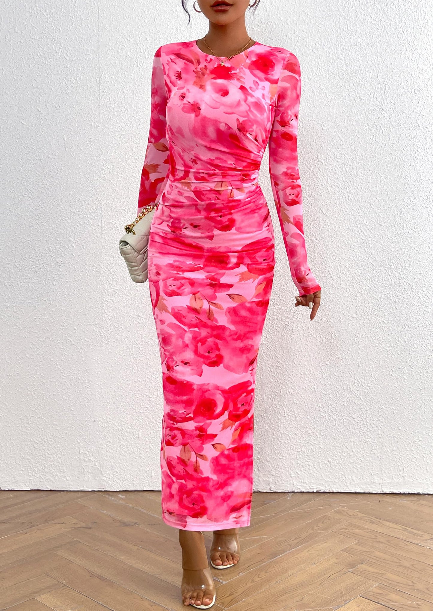 Women's Bodycon Maxi Dress Fall Spring Fashion Long Sleeve Floral Print Tight Fitted Party Club Ruched Dresses
