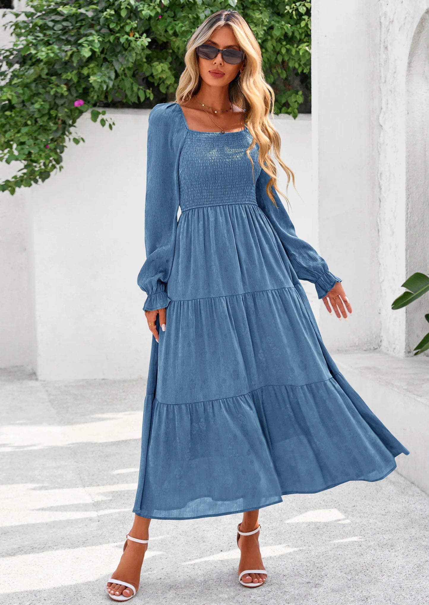 Fall Wedding Guest Dresses for Women Floral Long Sleeve Smocked Tiered Elegant Long Flowy Boho Dress
