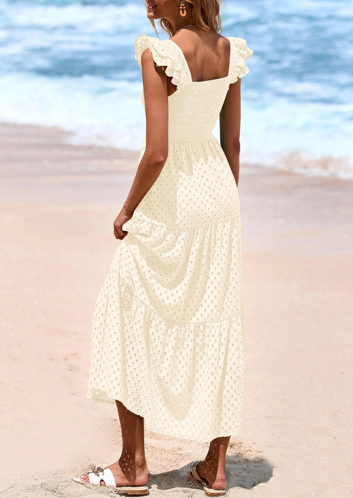 Womens Square Neck Maxi Dresses Cap Sleeve Eyelet Smocked Tiered A Line Flowy Long Dress with Pockets