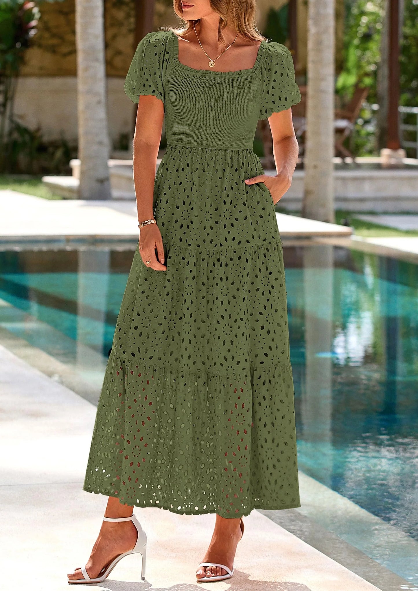 Dresses for Women Eyelet Square Neck Puff Sleeve Smocked Wedding Guest Maxi Dress with Pockets