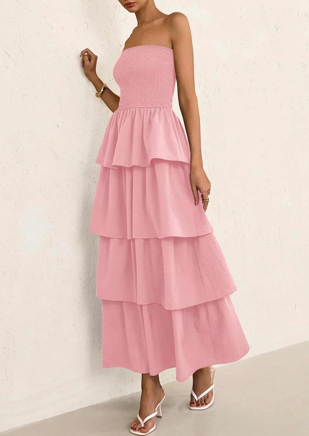 Maxi Dresses for Women Off Shoulder Smocked Tiered Ruffle Long Flowy Wedding Guest Dress