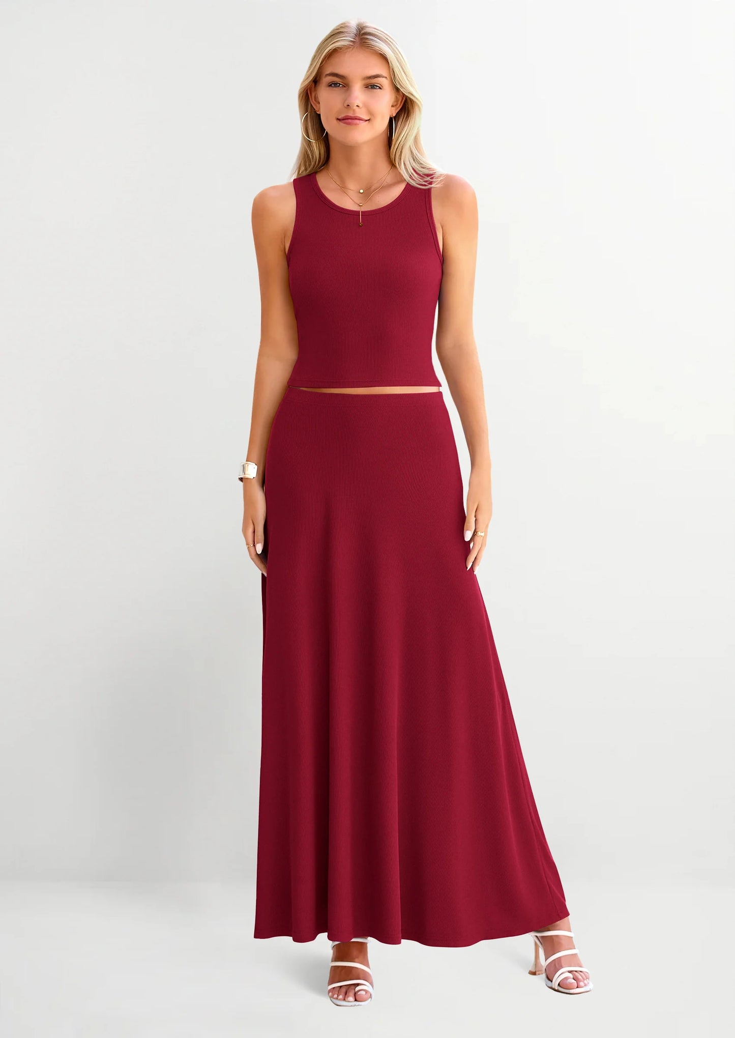 2 Piece Maxi Skirt Sets Casual Knit Cropped Tank Top High Waisted Long Skirts Outfit