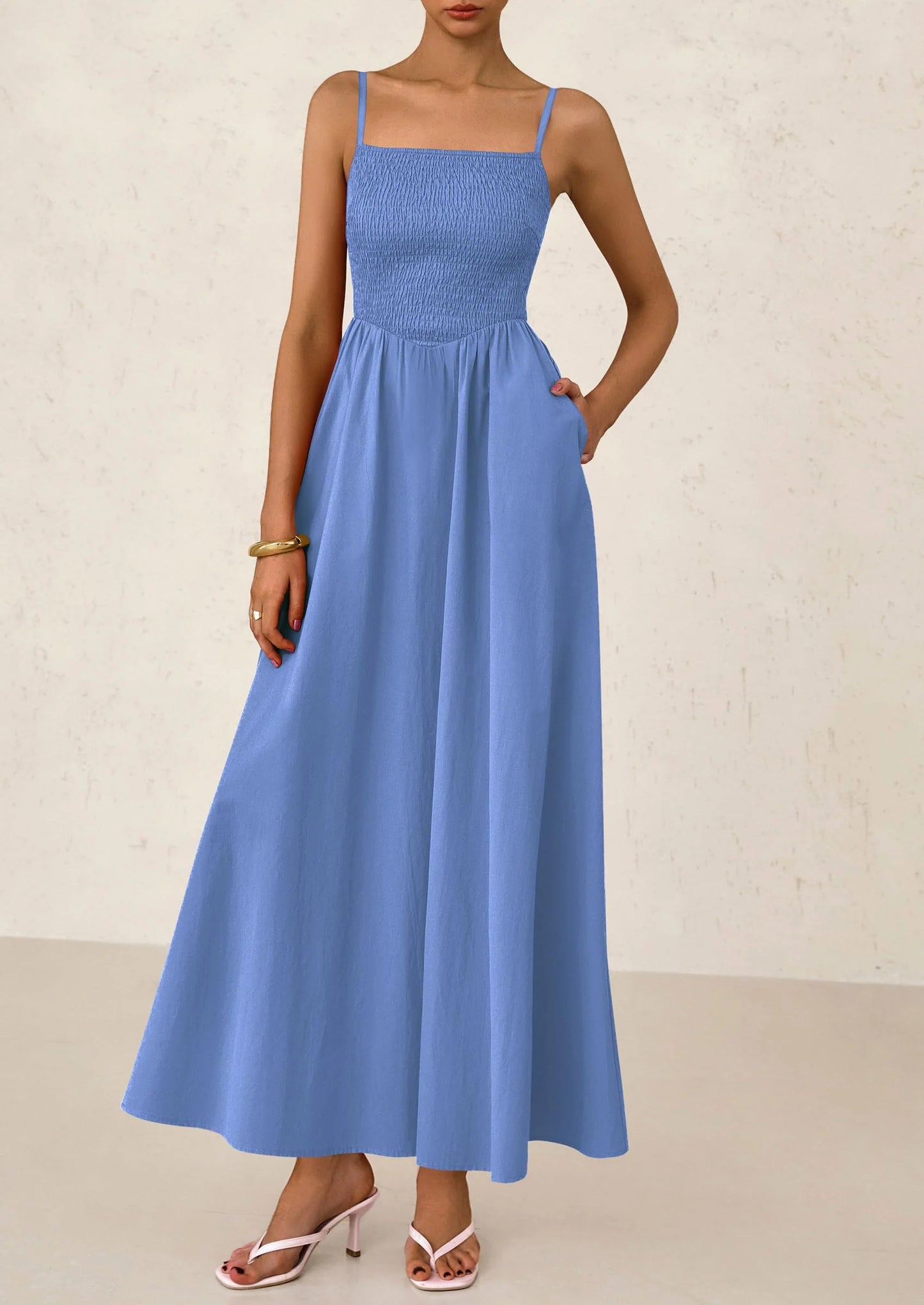 Women's Smocked Maxi Dresses Beach Sundress Casual Spaghetti Strap Swing A Line Long Flowy Dress