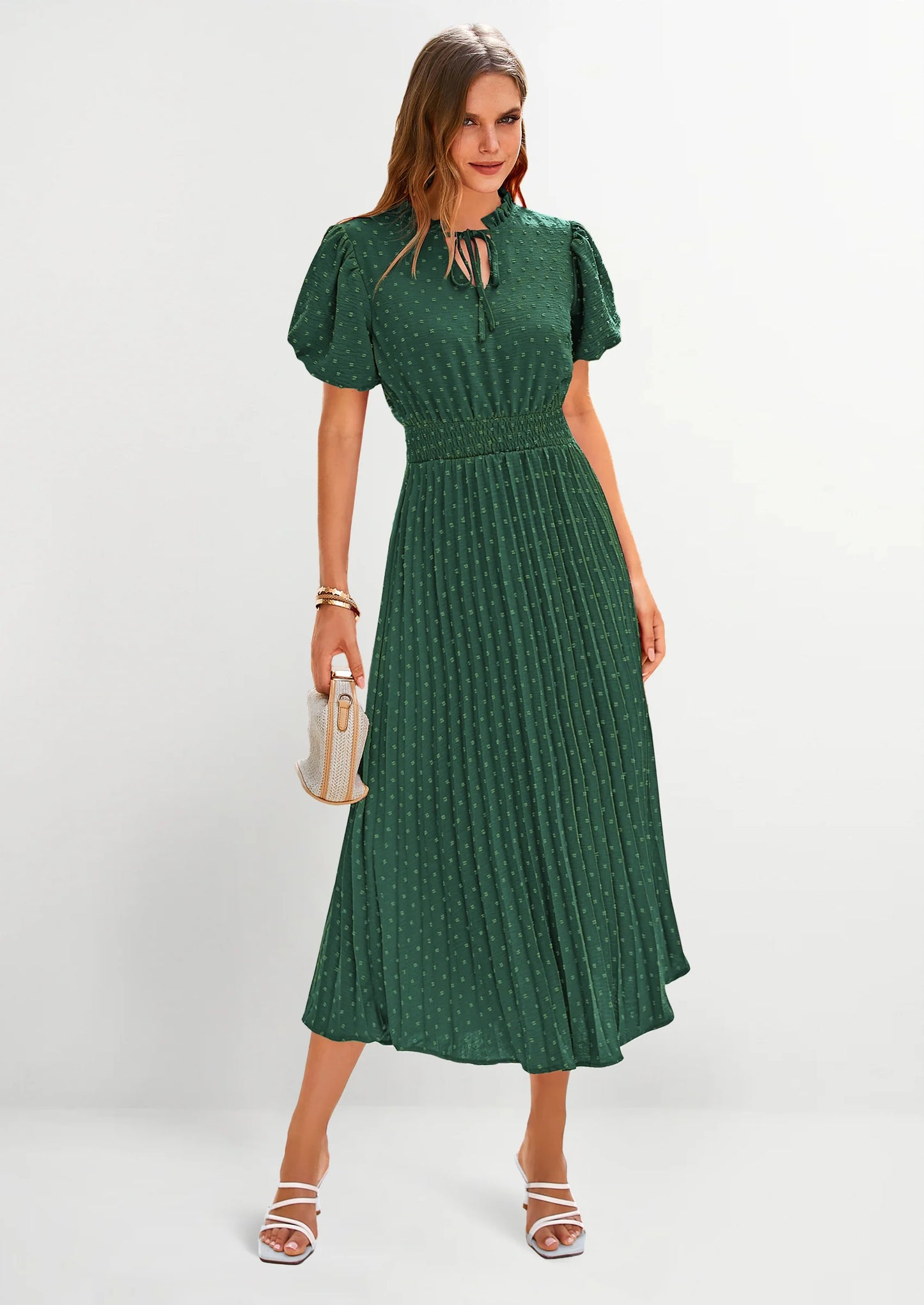 Womens Midi Dresses Puff Short Sleeve V Neck Swiss Dot Pleated A Line Flowy Long Wedding Guest Dress