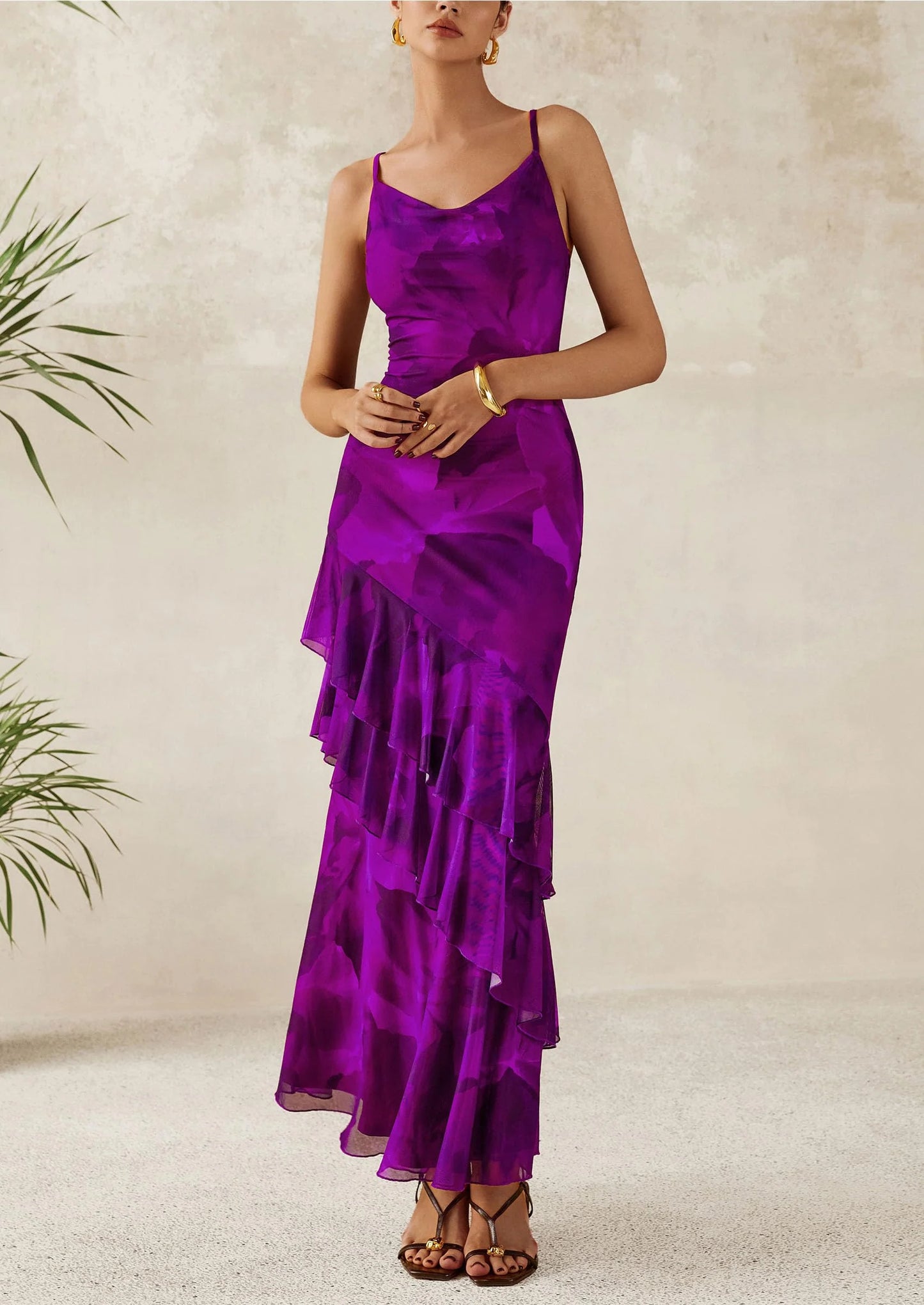 Maxi Dresses for Women Floral Beach Sundress Spaghetti Strap Tiered Wedding Guest Long Dress