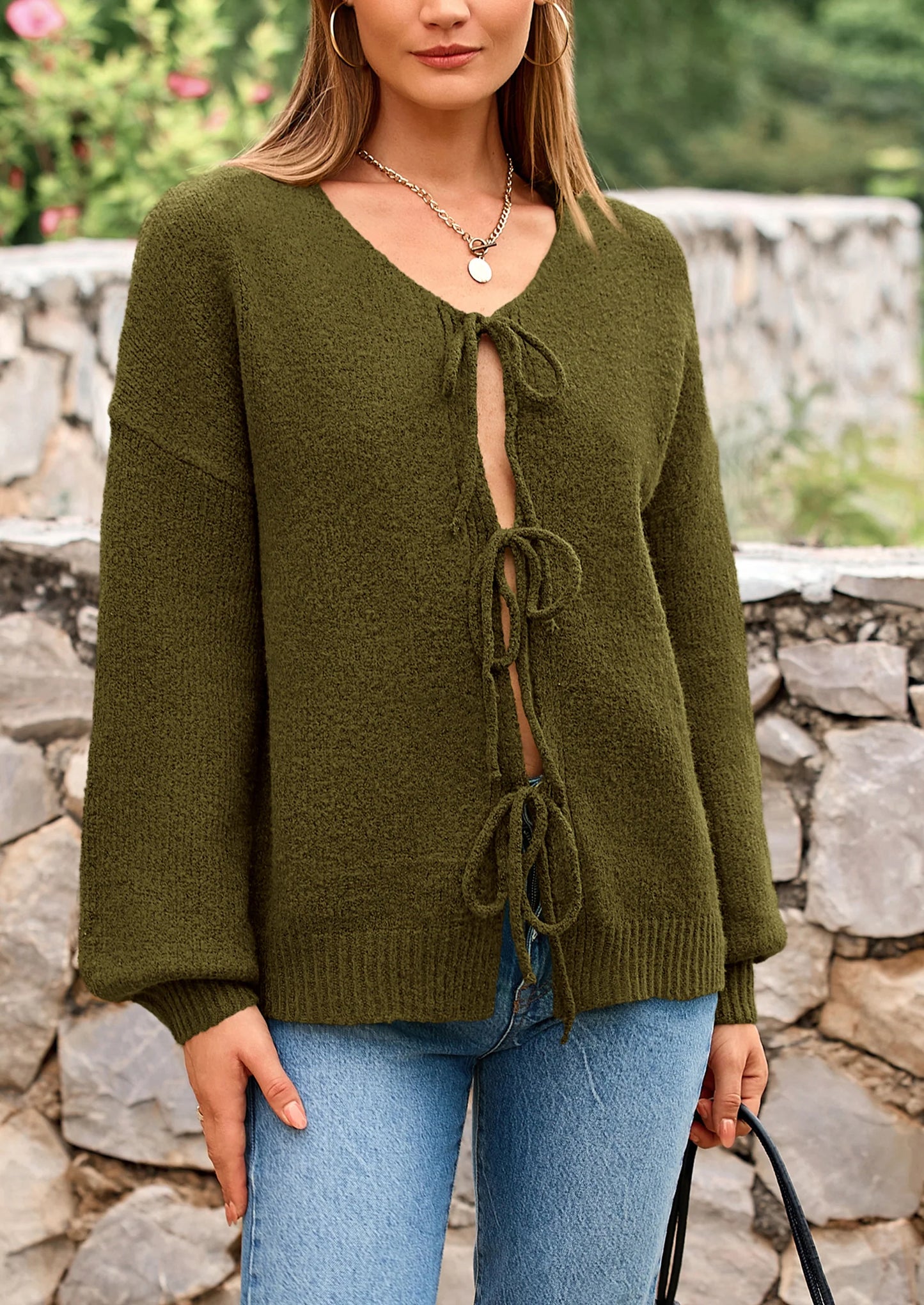 Women's Tie Front Bow Cardigan Sweaters Chunky Knit Long Puff Sleeve Trendy Fall Winter Jacket Coats