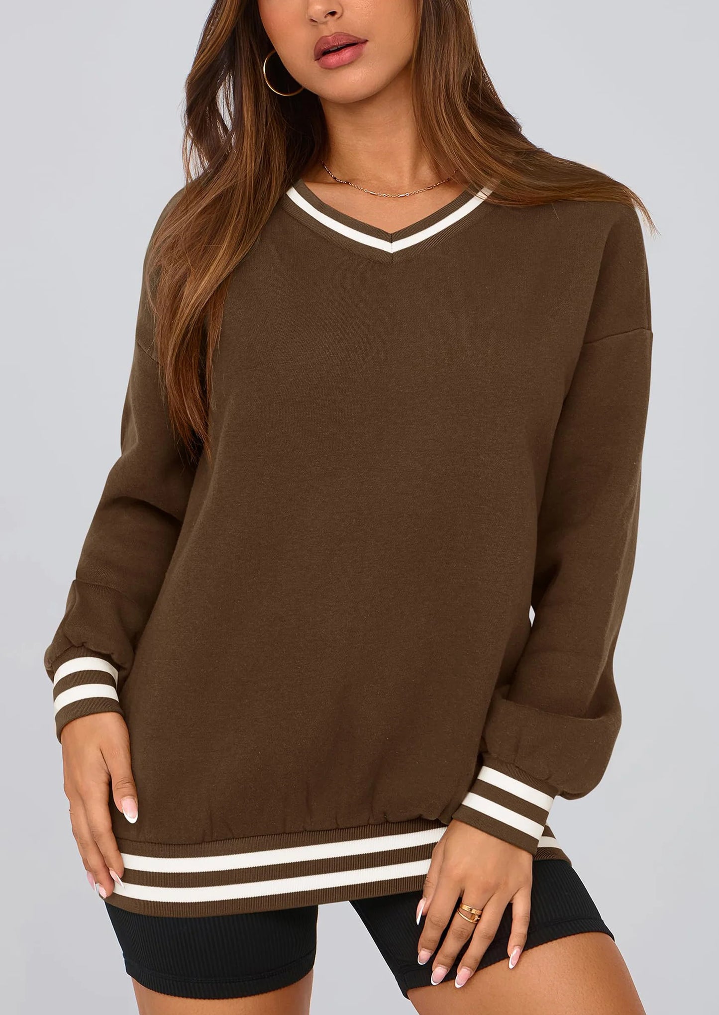 Women's Oversized Sweatshirts Casual Long Sleeve Stripes Knit V Neck Pullover Top Fall Teens Preppy Clothes