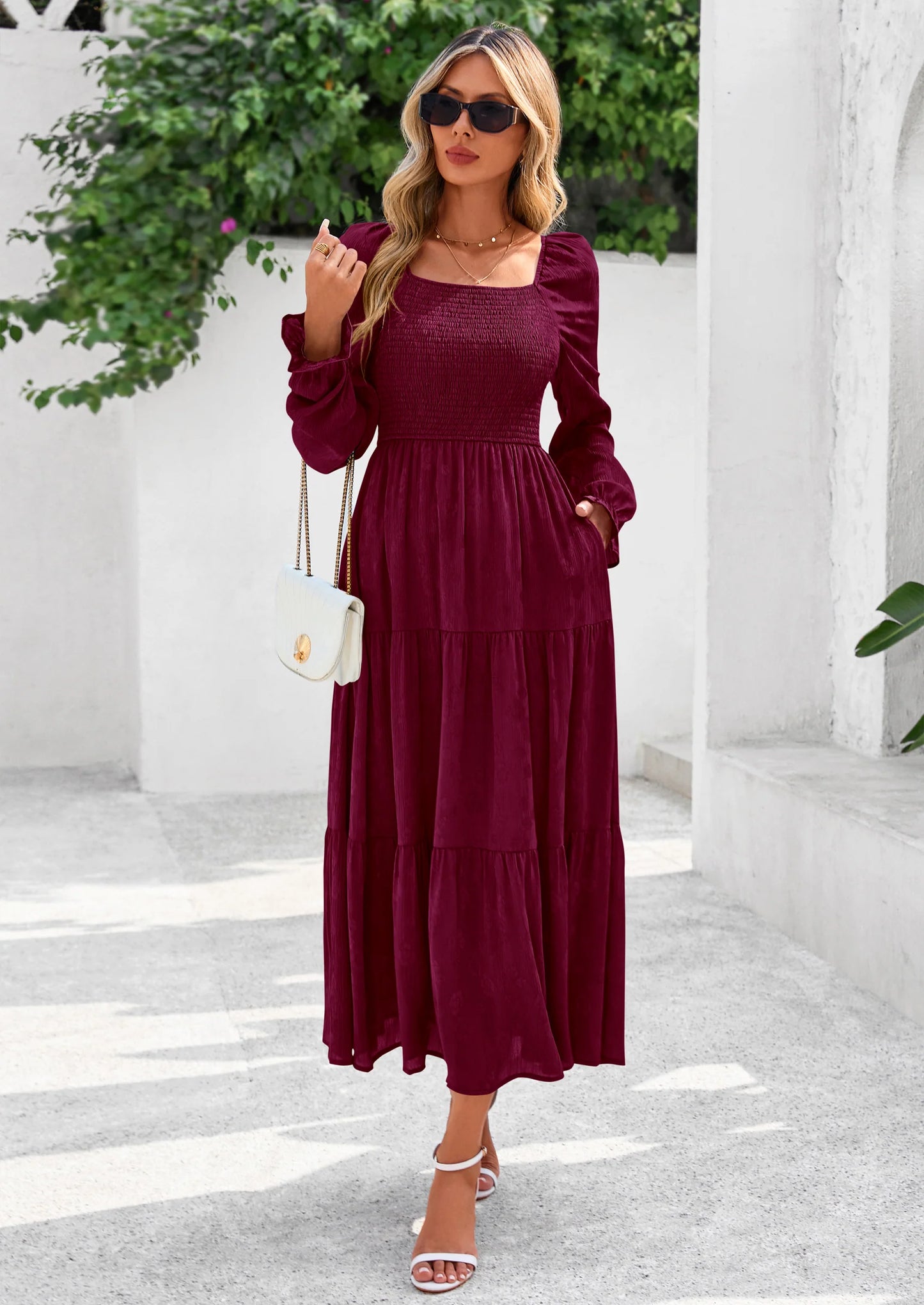 Fall Wedding Guest Dresses for Women Floral Long Sleeve Smocked Tiered Elegant Long Flowy Boho Dress