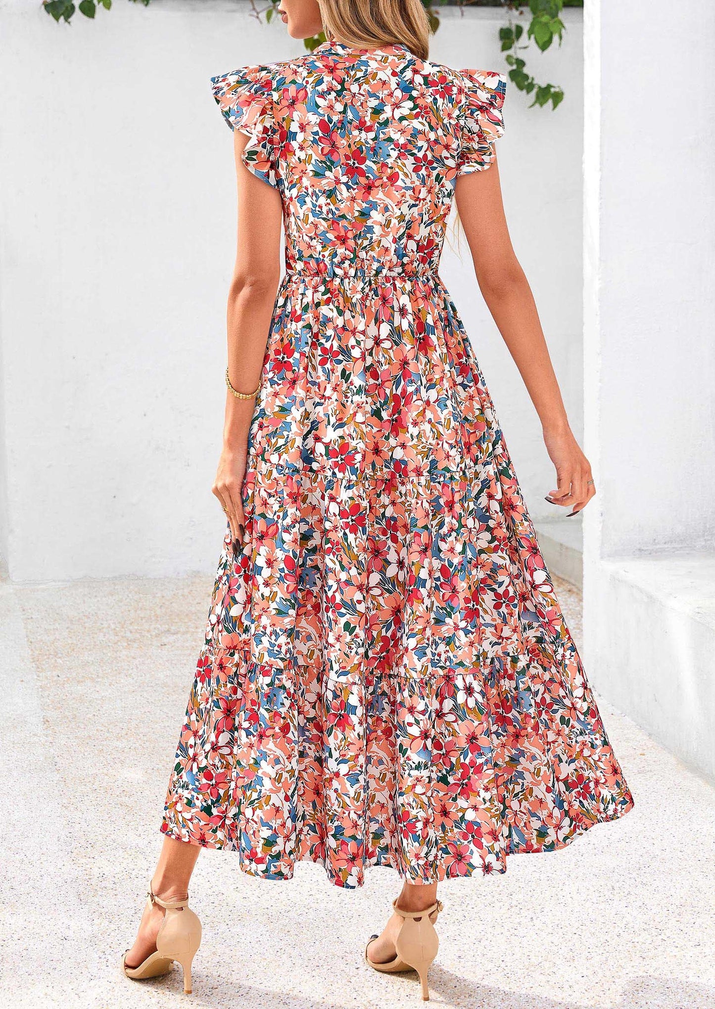 Women's Summer Floral Midi Dress Cap Sleeve V Neck Ruffle Long Flowy Boho Casual Beach Vacation Dresses