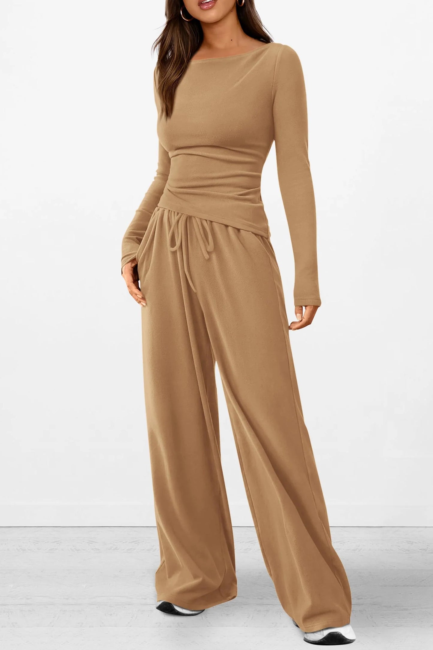 Women's 2 Piece Lounge Sets Asymmetrical Long Sleeve T Shirt Wide Leg Pants Casual Outfits Tracksuit