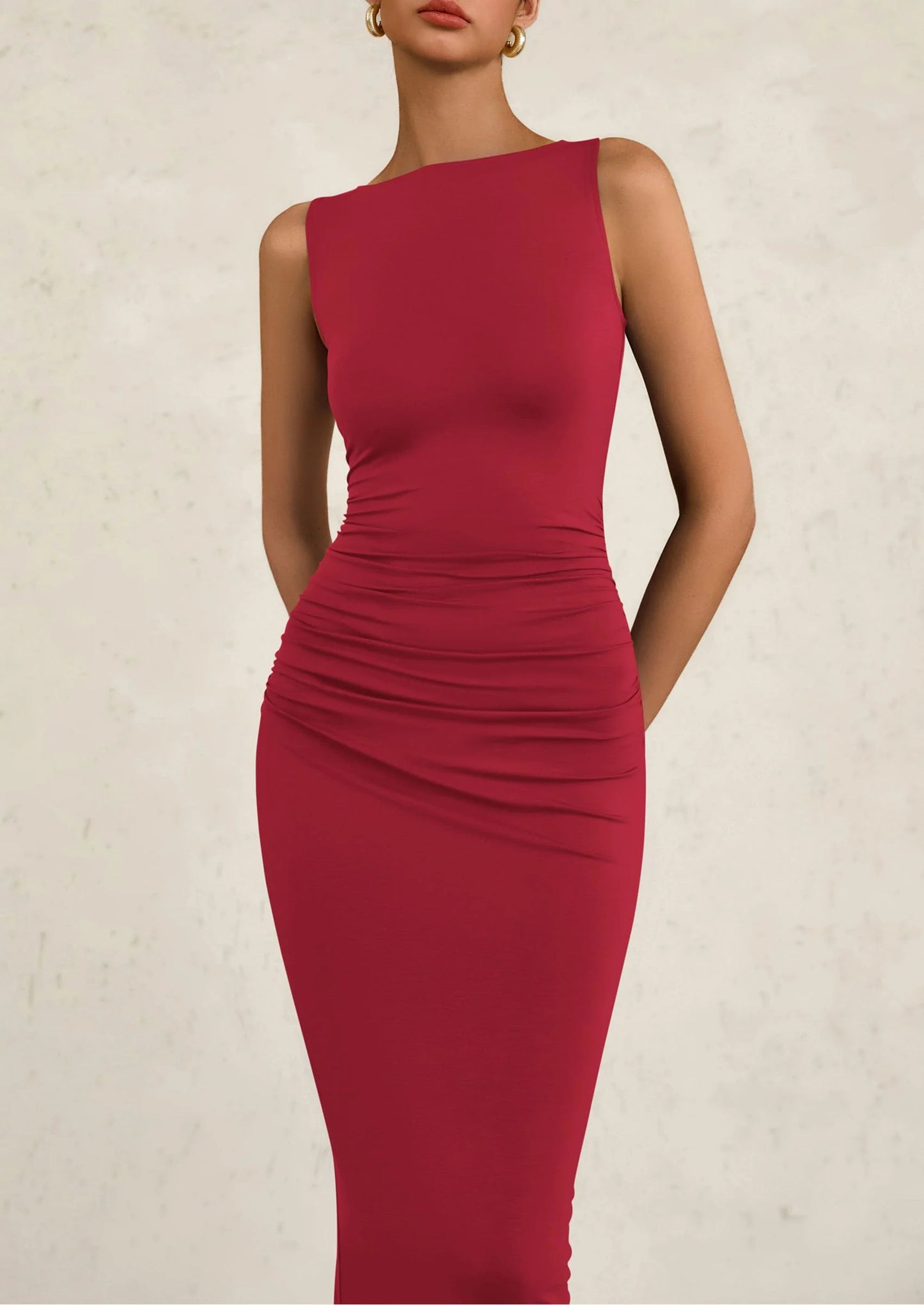 Women's Semi Formal Midi Dresses Sleeveless Ruched Bodycon Long Elegant Cocktail Wedding Guest Dress