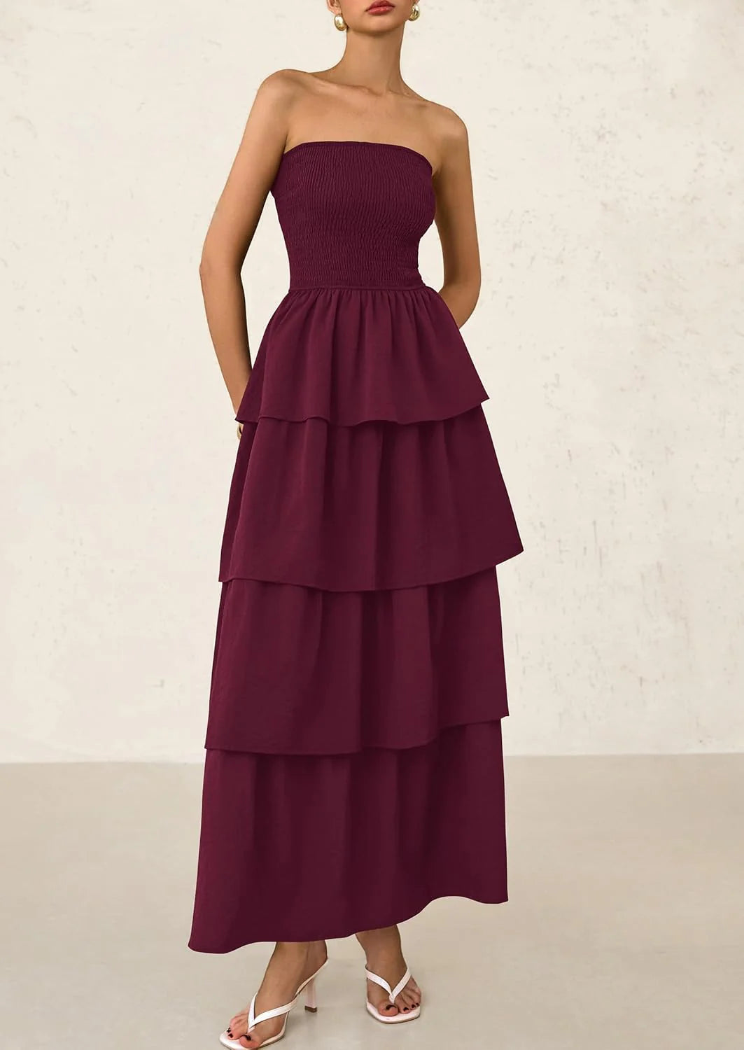 Maxi Dresses for Women Off Shoulder Smocked Tiered Ruffle Long Flowy Wedding Guest Dress