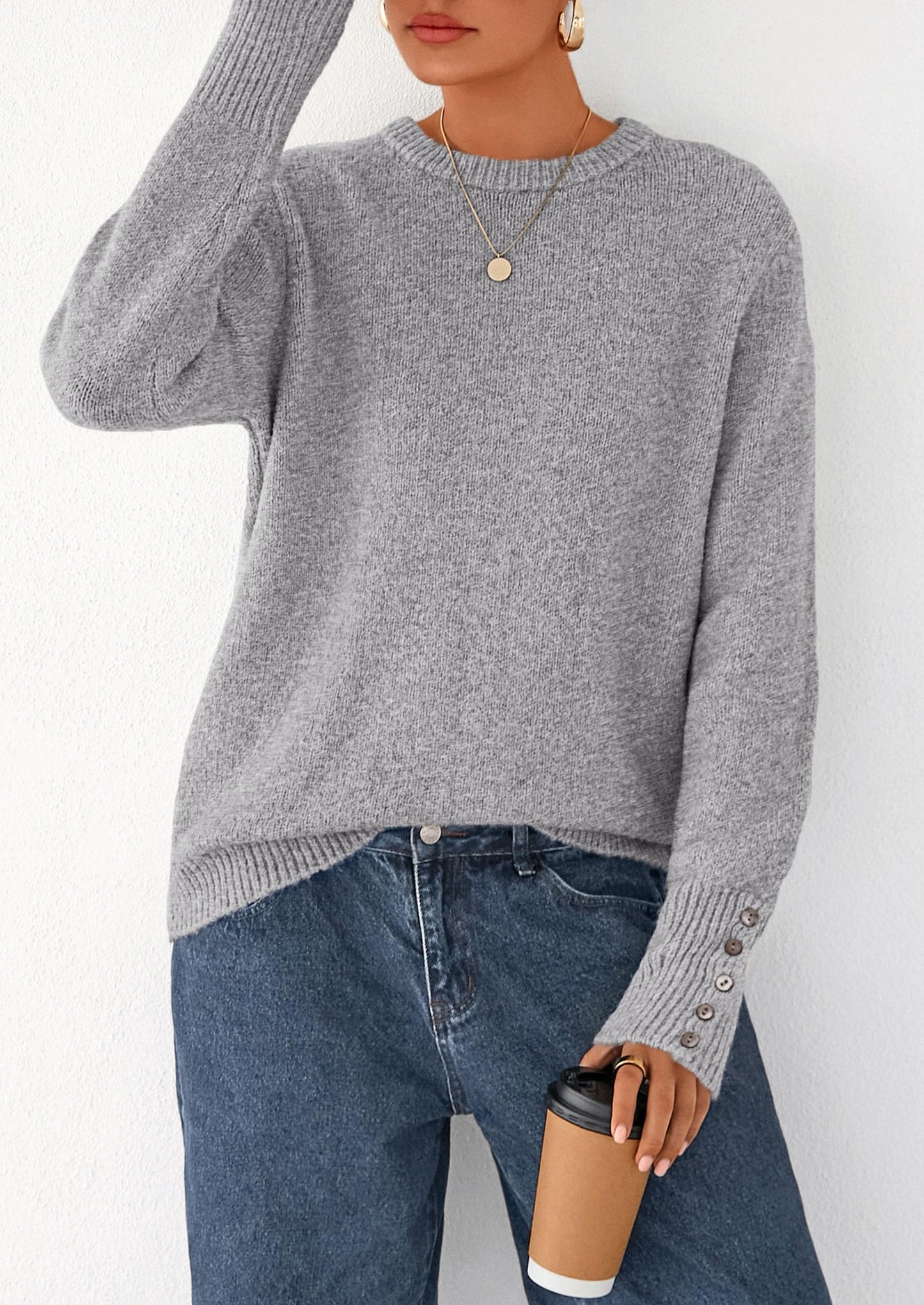 Womens Sweaters Fall Fashion Casual Crewneck Pullover Button Long Sleeve Cute Knit Tops Winter Clothes