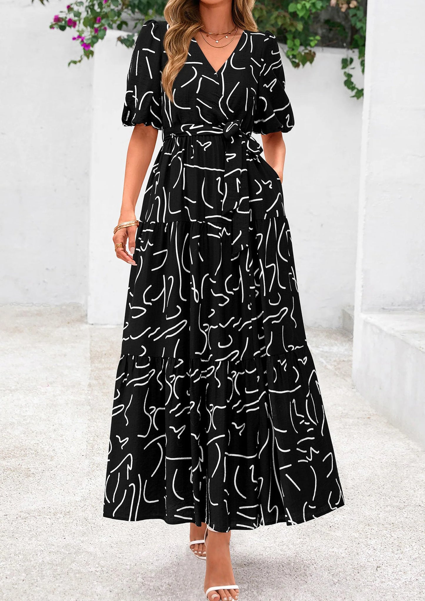 Women's Maxi Dress Resort Wear Boho Floral V Neck Puff Short Sleeve Ruffle Flowy Beach Long Dresses