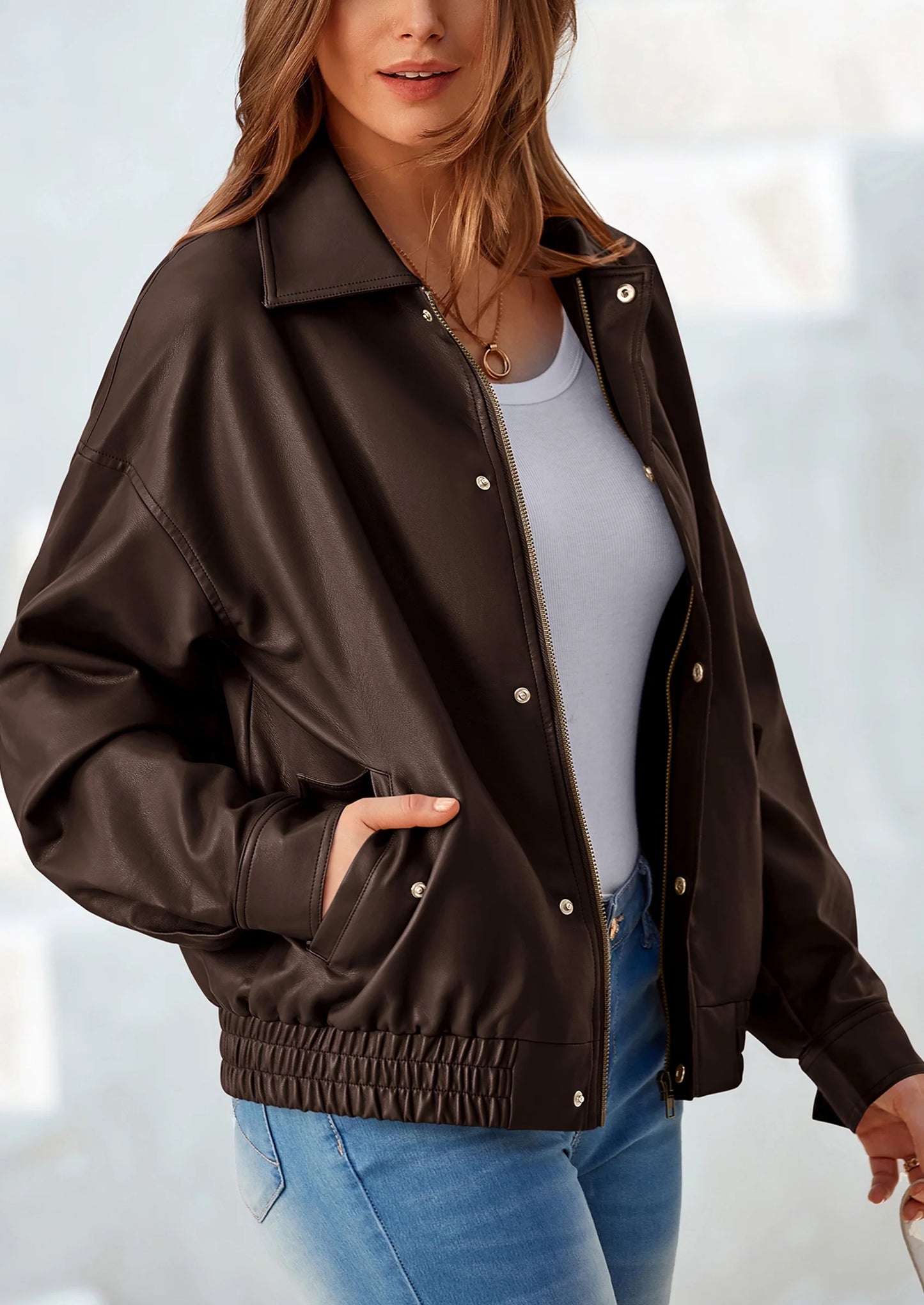 Women's Faux Leather Motorcycle Jacket Trendy Fall Spring Clothes Oversized Zip Up Winter Coat Outerwear